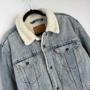 Levi's Premium Denim Sherpa Lined Trucker Jacket XL Blue Jean Coat Menswear